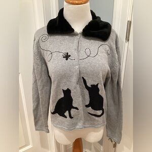 HAND MADE DESIGNER CAT CARDIGAN SWEATER W/ REMOVABLE FUR COLLAR. SZ XL